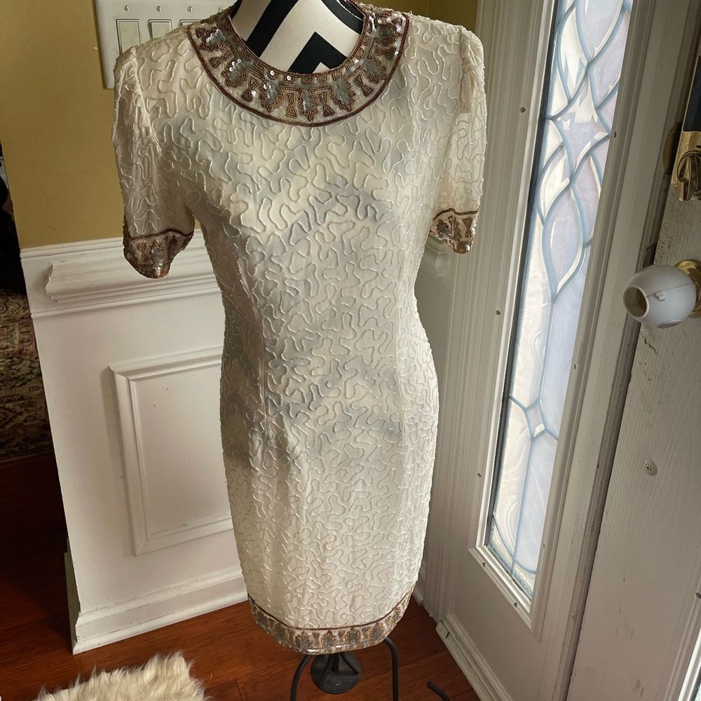 Laurence Kazar Ivory Silk Beaded Dress With Gold And Red Beaded Trims Szm